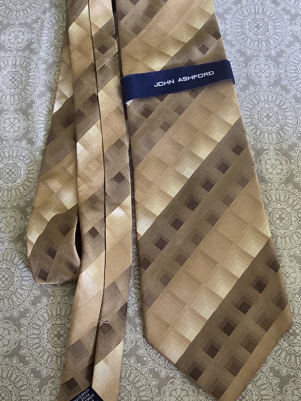 John Ashford Brown and Gold Checked Silk Tie